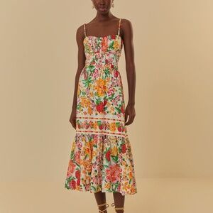 Farm Rio White Floral Sketch Midi Dress